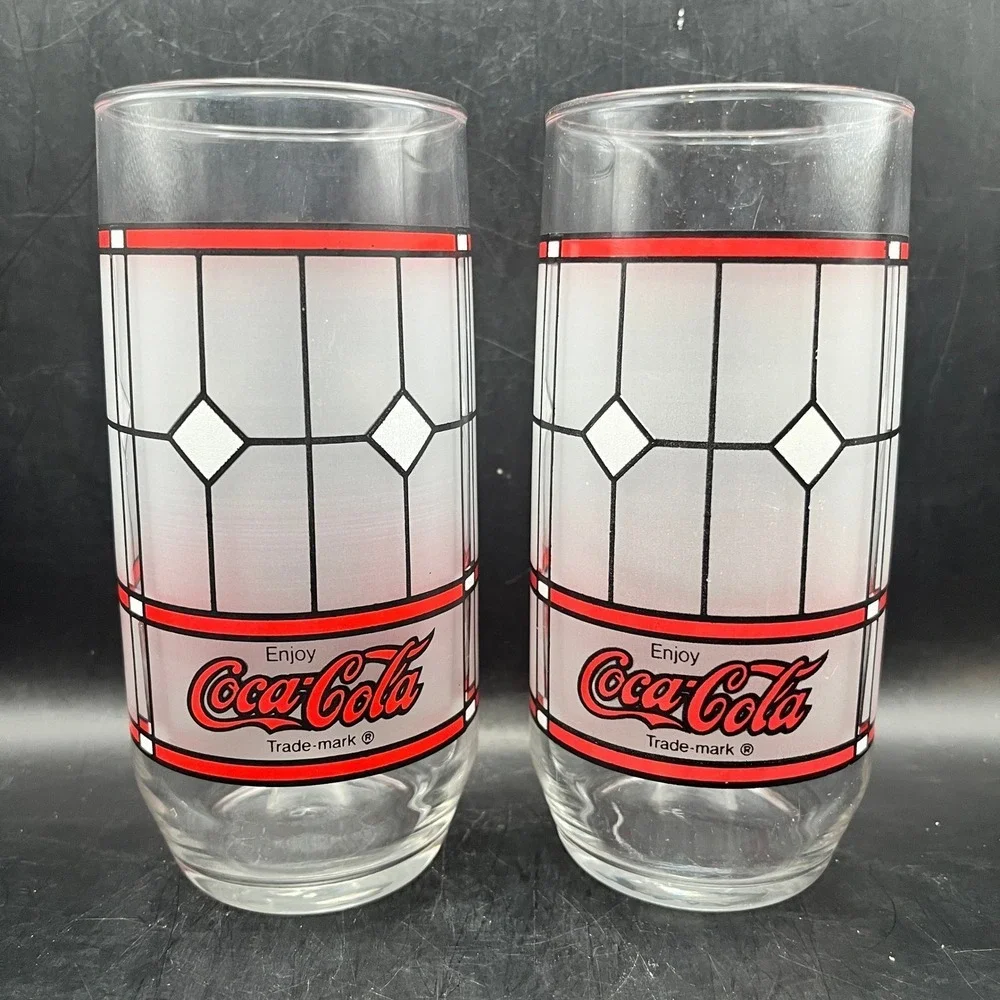 Vtg Pair of 2 Libbey Coca Cola Frosted Stained Glasses Tiffany 16‎ oz Tumbler